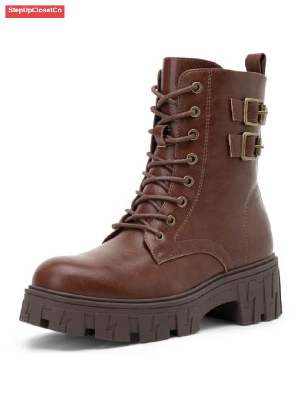 Faux Leather Combat Boots, Lace-Up Ankle Booties with Chunky Lug Sole